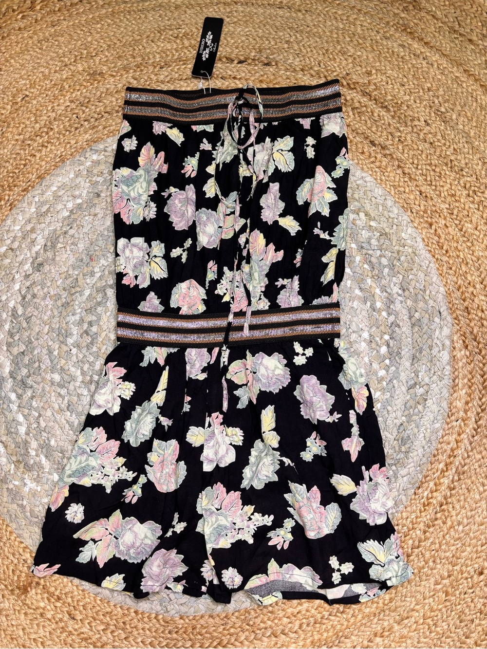 Indero Black Floral Strapless Romper with Elastic Waist